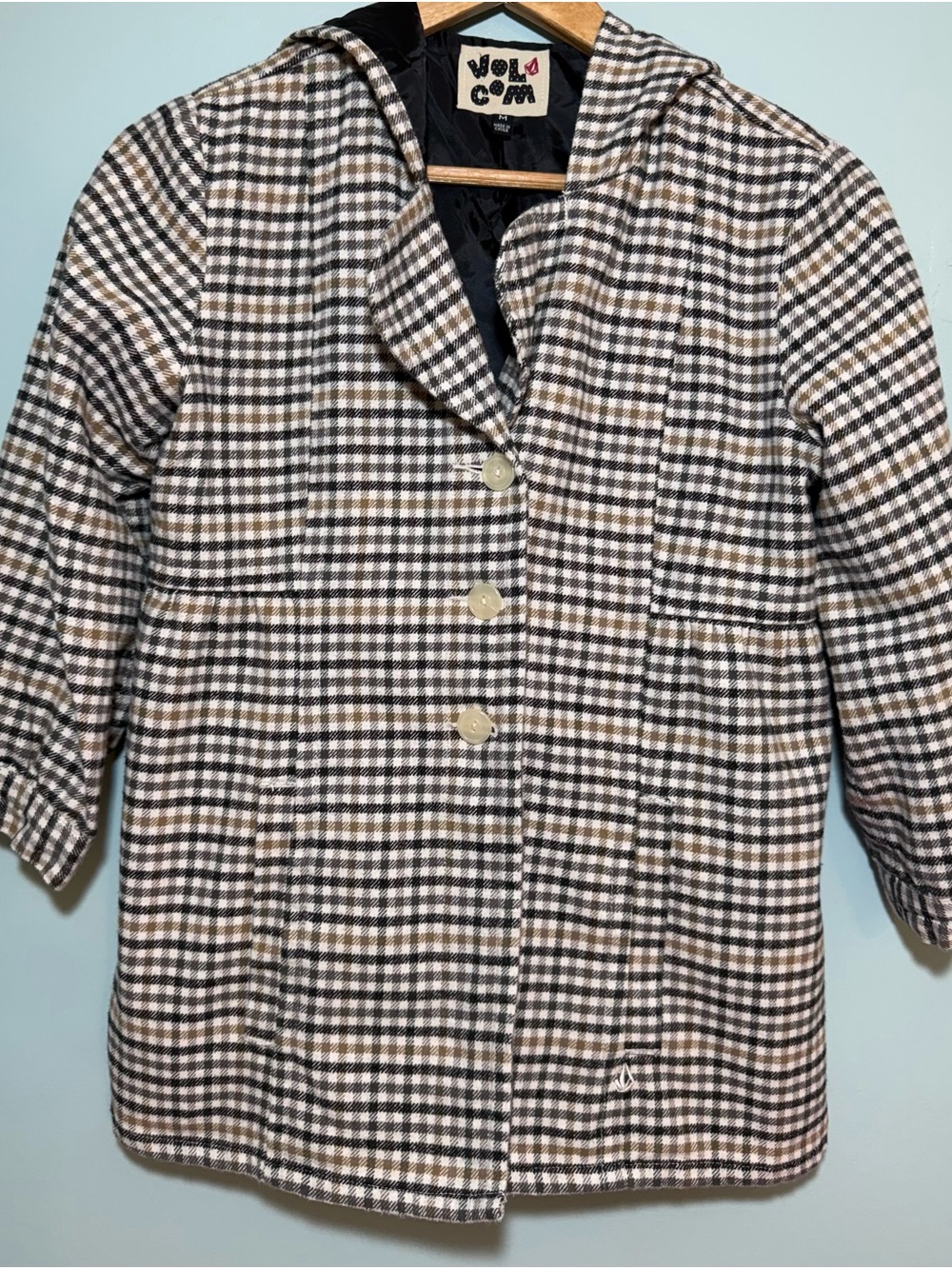 Volcom Women's Plaid Hooded Coat in Black and Cream